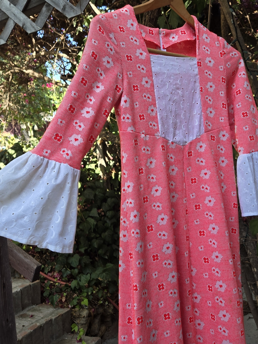 Vintage 70s Hippie Maxi Dress Eyelet Bell Sleeve XS